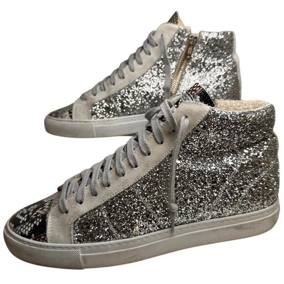 P448 EU 41 Glitter Snakeskin Hi Top Side Zip Sneakers Made In Italy Rebel Chic - Picture 9 of 16